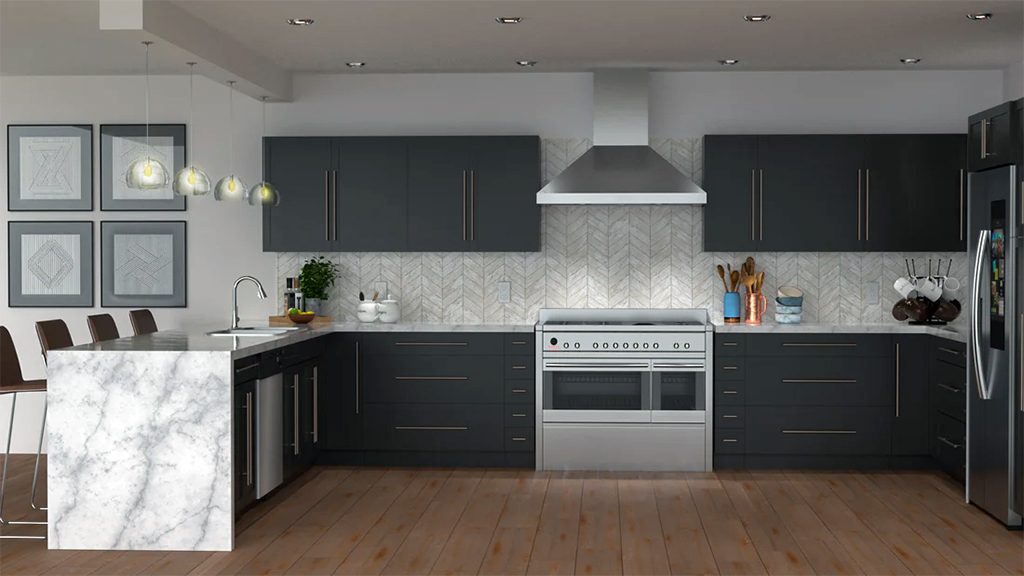 Matte black flat-panel kitchen cabinets with marble island