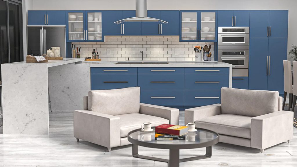 Blue flat-panel cabinets with subway tile backsplash