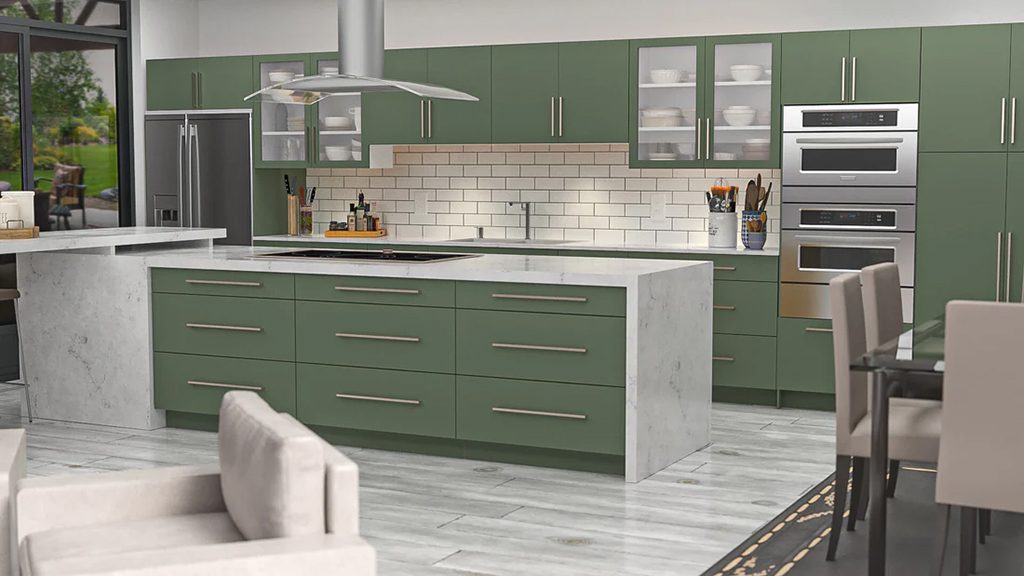 Green kitchen cabinets with marble waterfall island