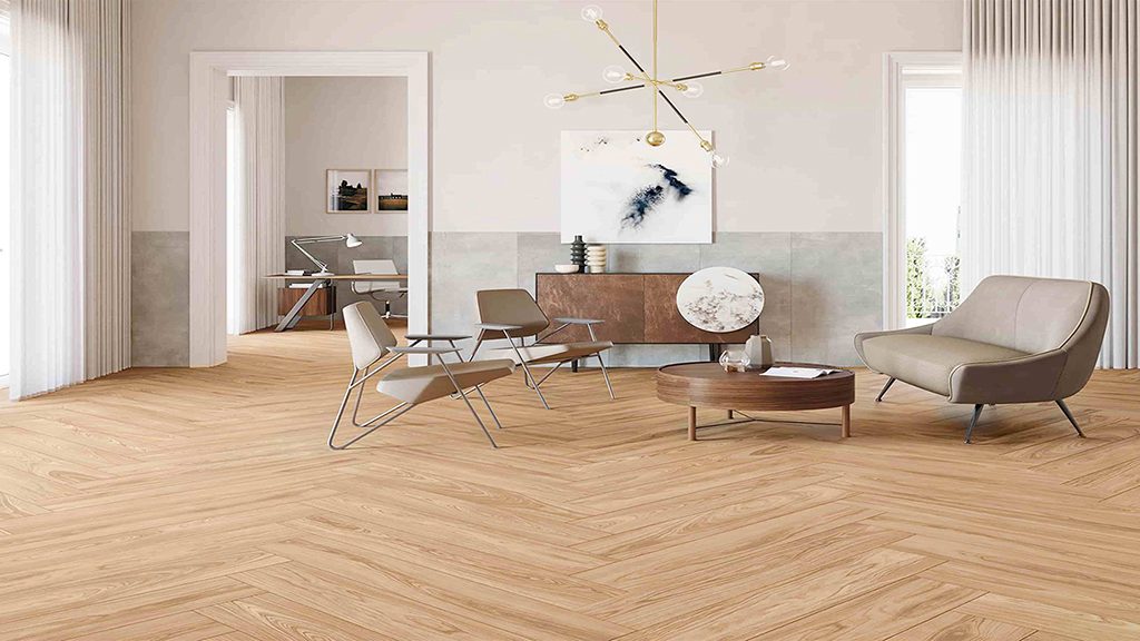 Herringbone wood-look flooring in a bright living room