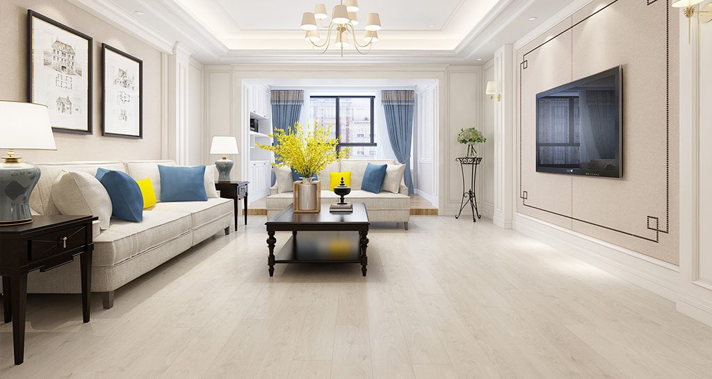 Light oak laminate flooring in a classic living room