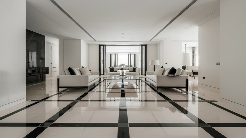 Polished tile floor with black marble accents