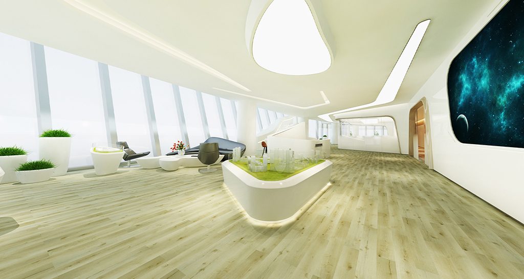 Light wood flooring in a modern open space