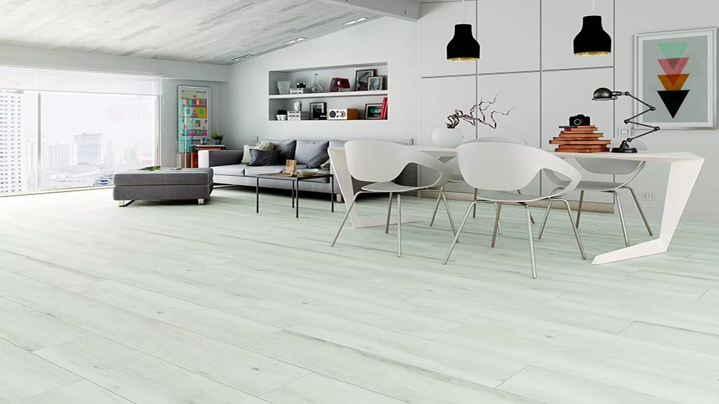 White-washed oak flooring in a Scandinavian living room