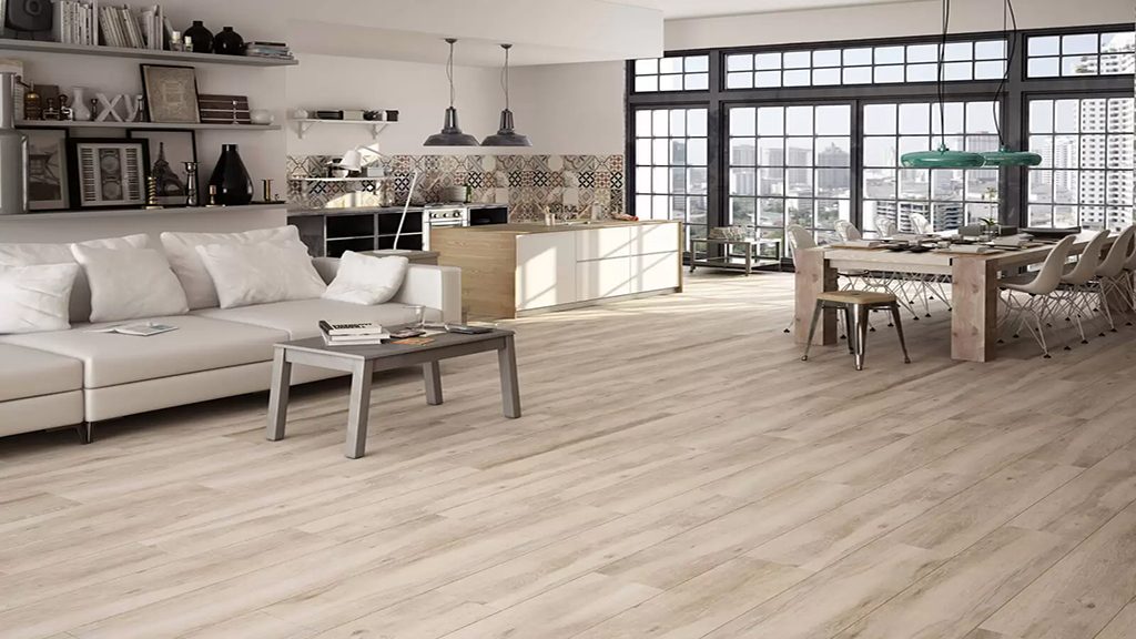 Natural oak wood-look tile in a loft apartment
