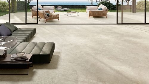 Large-format stone-look porcelain tile, indoor-outdoor