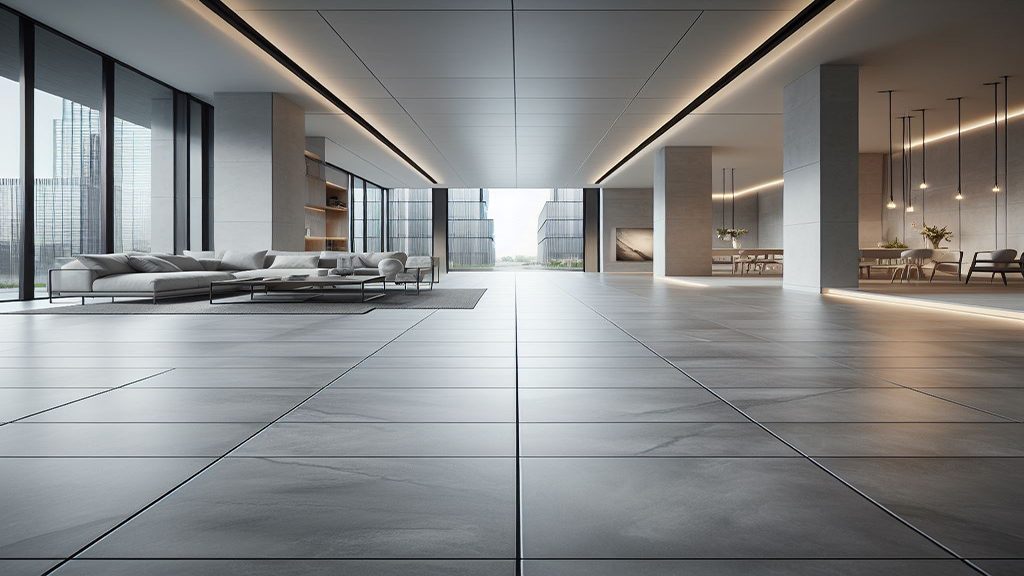 Large gray porcelain tile in a contemporary living space