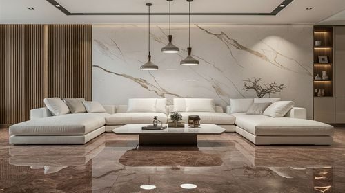 Polished brown marble flooring in a luxury living room
