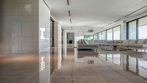 High-gloss travertine-look tile in a modern home